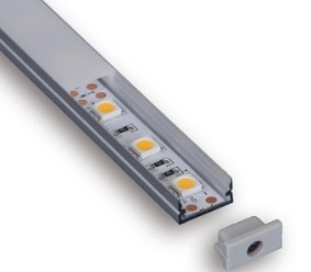 Perfil de aluminio con marco de 2,5m 17.3x7mm 12,5mm interno con difusor de policarbonato mate, tapas terminales y clips de fijación