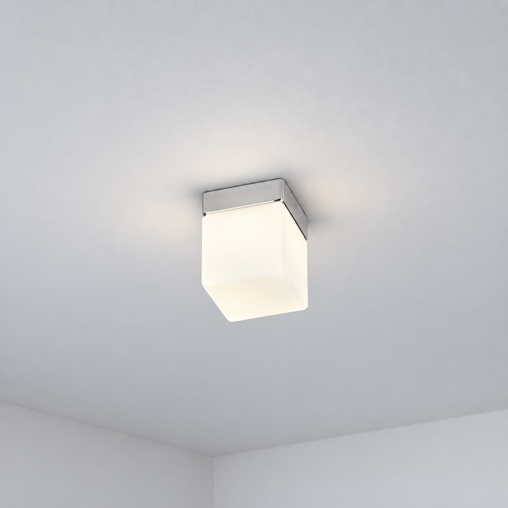 Plafon cubo con difusor de vidrio opal 100x100x122mm IP44 led 10W 120V 3000K