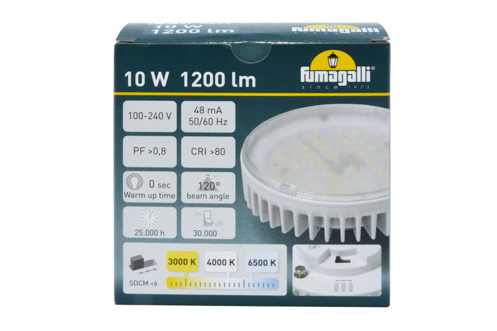 Bombillo led GX53 D=100mm 4000K 25000 hrs 10W 1200lm 100-240V