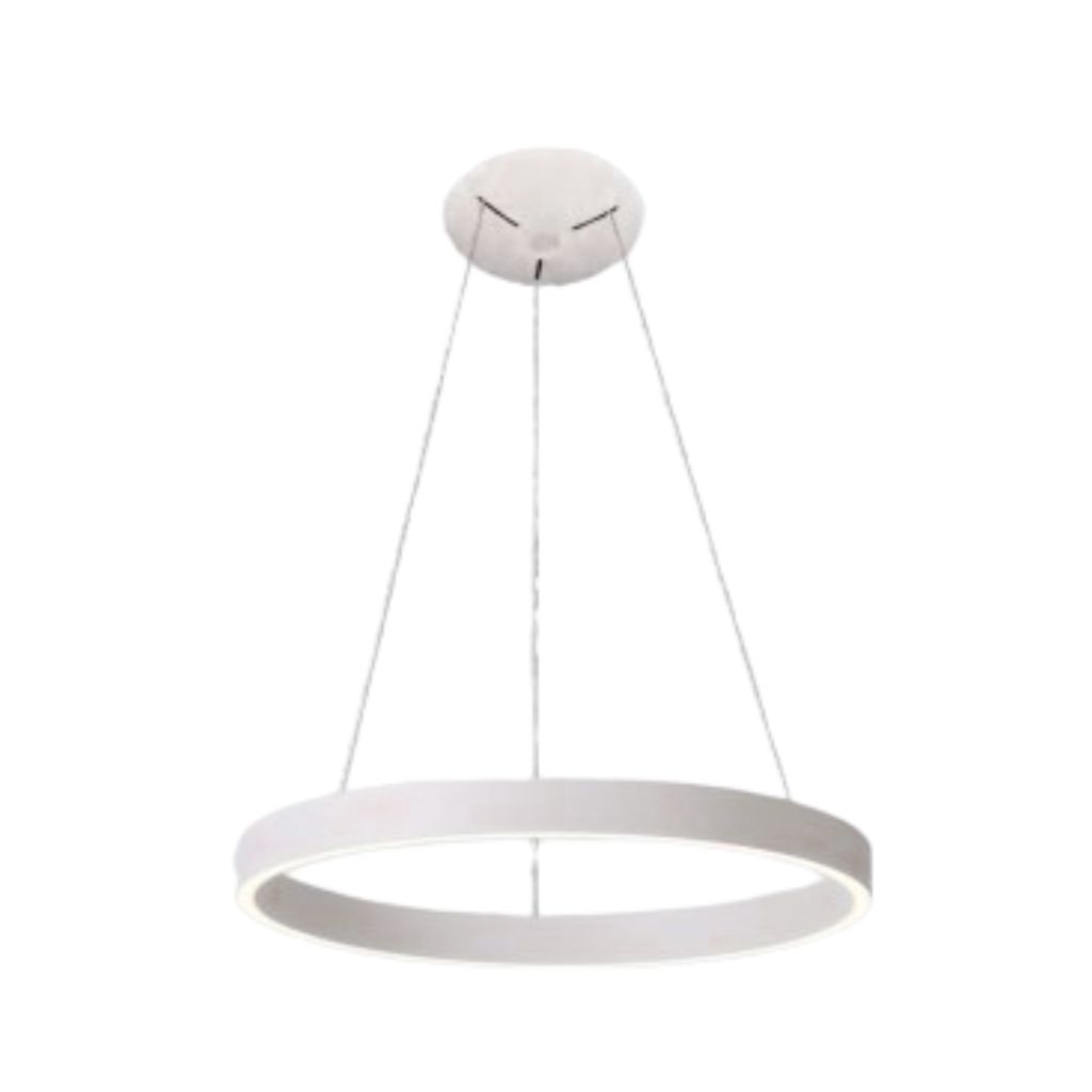 Lampara colgante redonda tipo anillo luz directa Led 120V 5621 con 3 guayas en triangulo difusor Opal