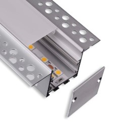 [CX-C099] Perfil de aluminio sin marco integrado de 2,5m 75x35mm 32mm interno con difusor de policarbonato blanco mate, tapas terminales y clips de fijación